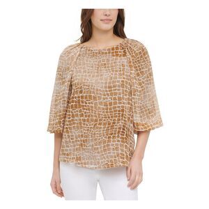 CALVIN KLEIN Womens Brown Sheer Printed Bell Sleeve Jewel Neck Top S